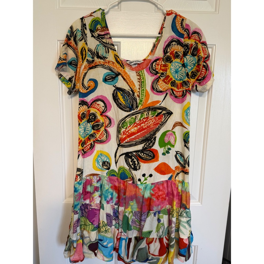 Jams World Women Multi Color Floral Abstract Tiered Ruffle Rayon Midi Dress M